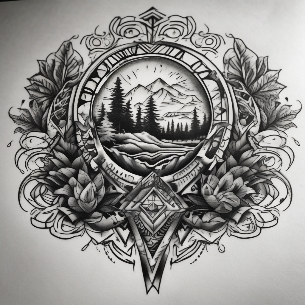 Chicano inspired Tattoo that incorporates love for family and importance of building wealth. Include elements of the Pacific Northwest Forrest, diseño de tatuaje Blanco y negro generado con IA