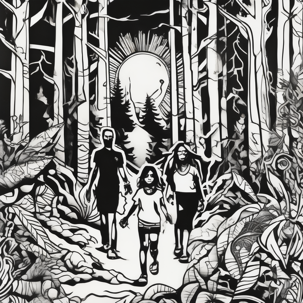 Chicano art . A shadow of a Man and Woman and young son and young daughter walking through the Pacific Northwest Forrest. Crosses., diseño de tatuaje Cartoon generado con IA