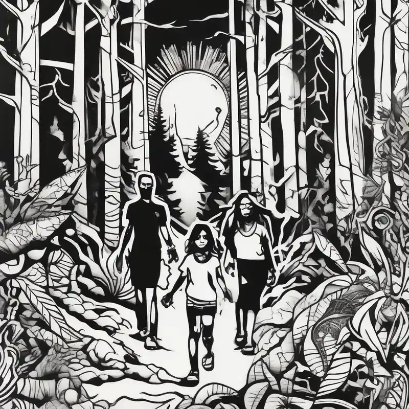cartoon style Chicano Tattoo Ideas in 2025 about Chicano art . A shadow of a Man and Woman and young son and young daughter walking through the Pacific Northwest Forrest. Crosses. and Chicano art . A shadow of a Man and Woman and young son and young daughter walking through the Pacific Northwest Forrest. Crosses.