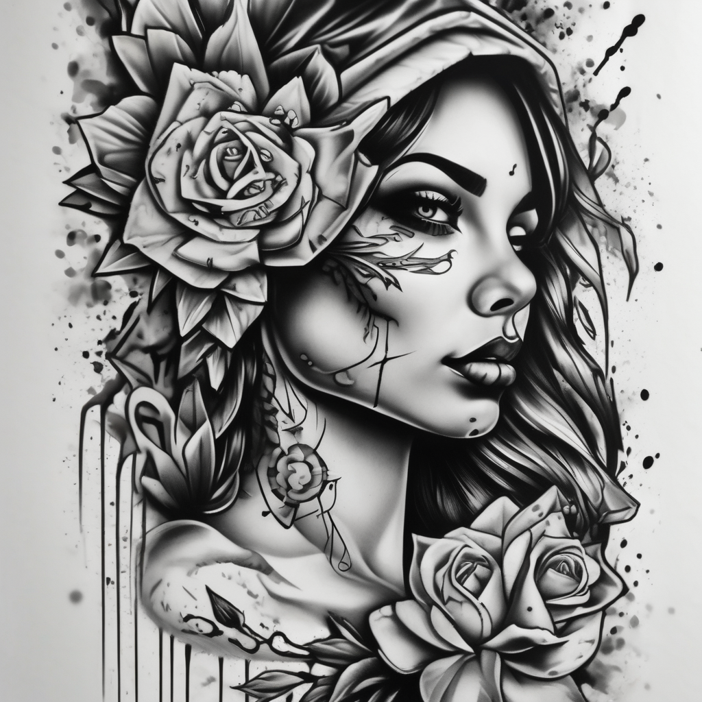 Chicano style sleeve about drugs family and women, diseño de tatuaje Acuarela generado con IA