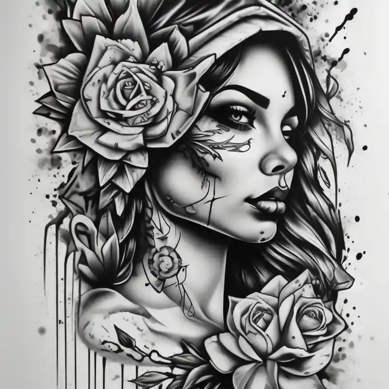 Chicano style sleeve about drugs family and women – Acuarela, Blanco y negro