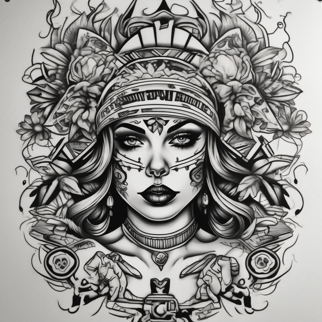 Chicano style sleeve about drugs family and women, design de tatouage Old school généré par IA