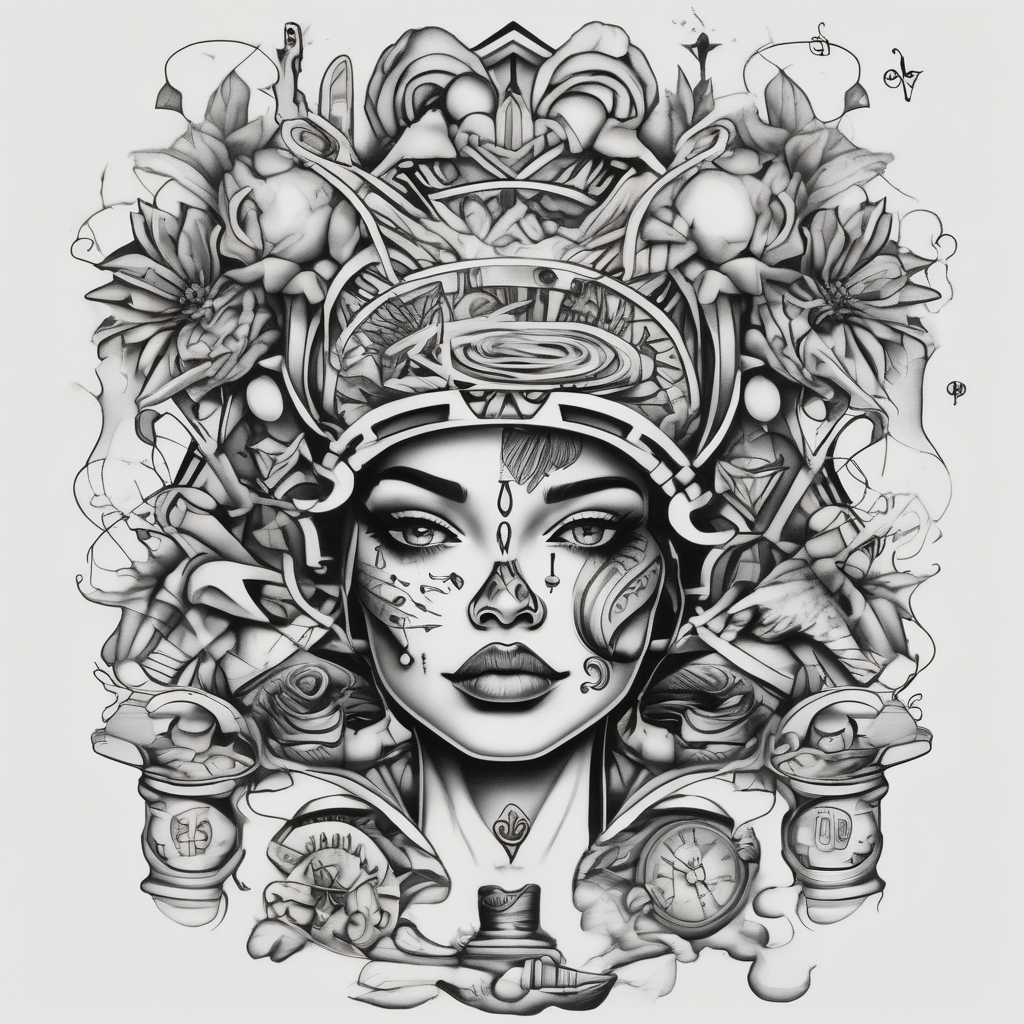 Chicano style sleeve about drugs family and women, AI-generated Surreal tattoo design