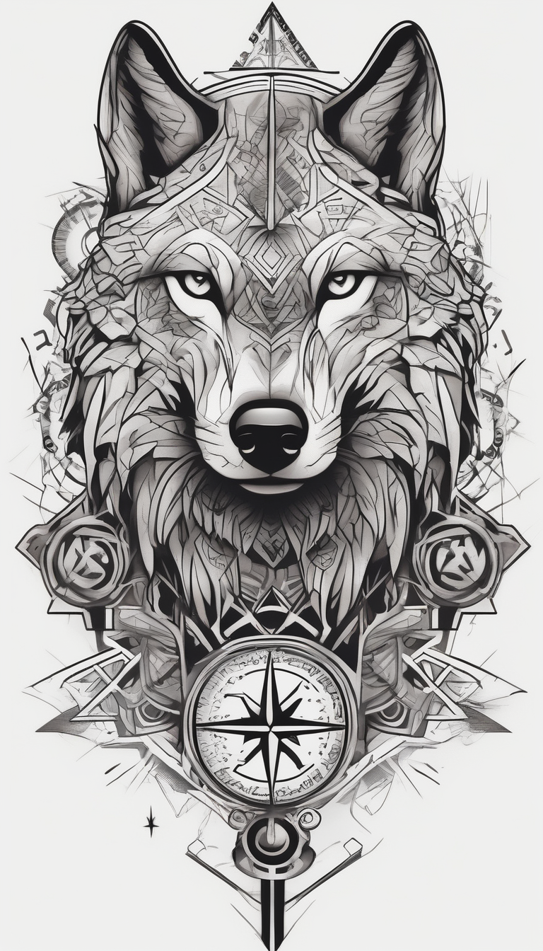 Zona tutto il braccio da spalla a polso,Parte superiore con una bussola parte in mezzo con un lupo e parte avambraccio con scritta in stile chicano, rendendo tutto il piu fluido possibile, AI-generated Geometric tattoo design