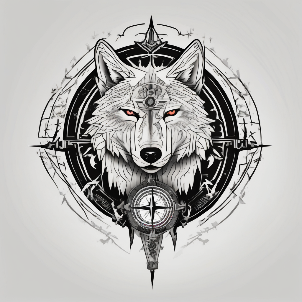 Zona tutto il braccio da spalla a polso,Parte superiore con una bussola parte in mezzo con un lupo e parte avambraccio con scritta in stile chicano, rendendo tutto il piu fluido possibile, AI-generated Cartoon tattoo design