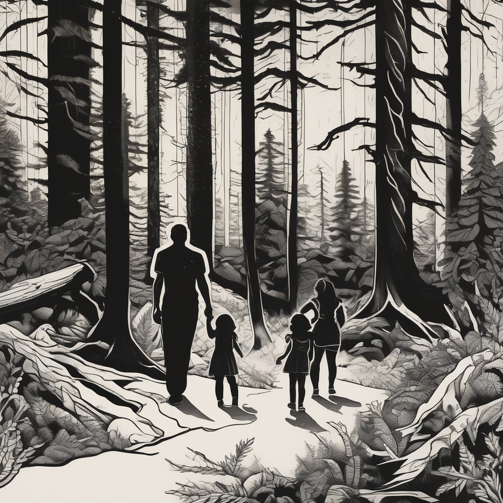 Chicano art . A shadow of a Man and Woman and young son and young daughter walking through the Pacific Northwest Forrest. Crosses., AI-generated Blackwork tattoo design
