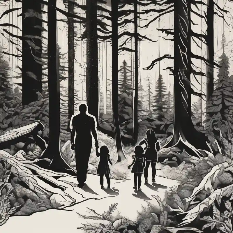 blackwork style Chicano Tattoo Ideas in 2025 about Chicano art . A shadow of a Man and Woman and young son and young daughter walking through the Pacific Northwest Forrest. Crosses. and Chicano art . A shadow of a Man and Woman and young son and young daughter walking through the Pacific Northwest Forrest. Crosses.