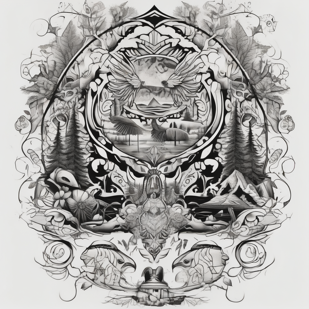 Chicano inspired Tattoo that incorporates love for family and importance of building wealth. Include elements of the Pacific Northwest Forrest, diseño de tatuaje Surrealista generado con IA