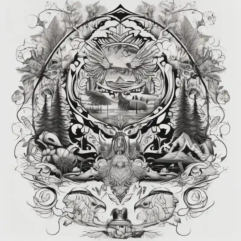 surreal style Chicano Tattoo Ideas in 2025 about Chicano inspired Tattoo that incorporates love for family and importance of building wealth. Include elements of the Pacific Northwest Forrest and Chicano inspired Tattoo that incorporates love for family and importance of building wealth. Include elements of the Pacific Northwest Forrest