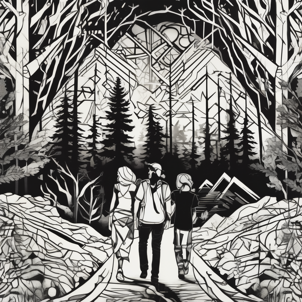 Chicano art . A shadow of a Man and Woman and young son and young daughter walking through the Pacific Northwest Forrest. Crosses., design de tatouage Géométrique généré par IA