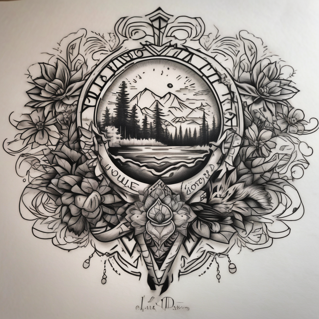 Chicano inspired Tattoo that incorporates love for family and importance of building wealth. Include elements of the Pacific Northwest Forrest, diseño de tatuaje Blanco y negro generado con IA