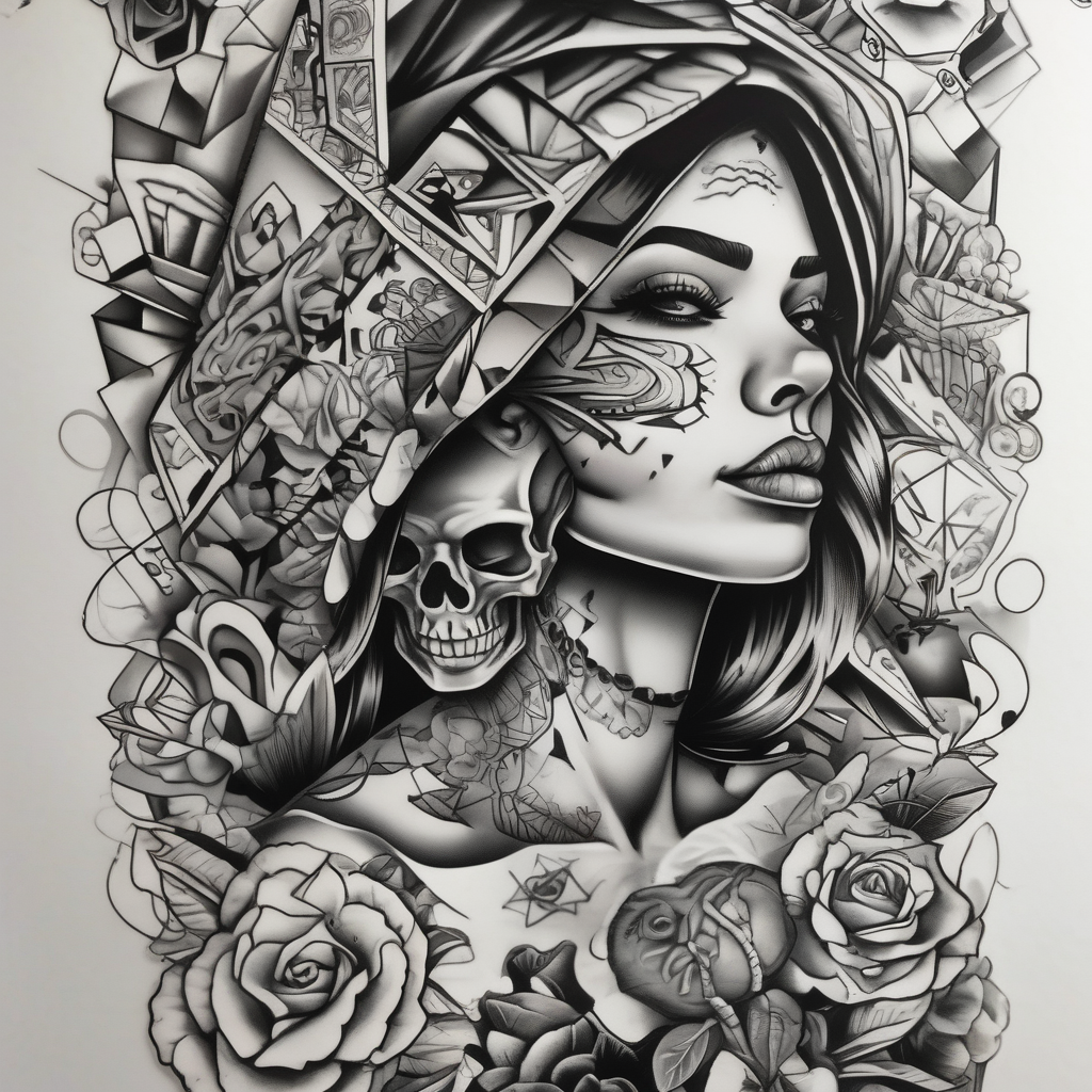 Chicano style sleeve about drugs family and women, AI-generated Geometric tattoo design