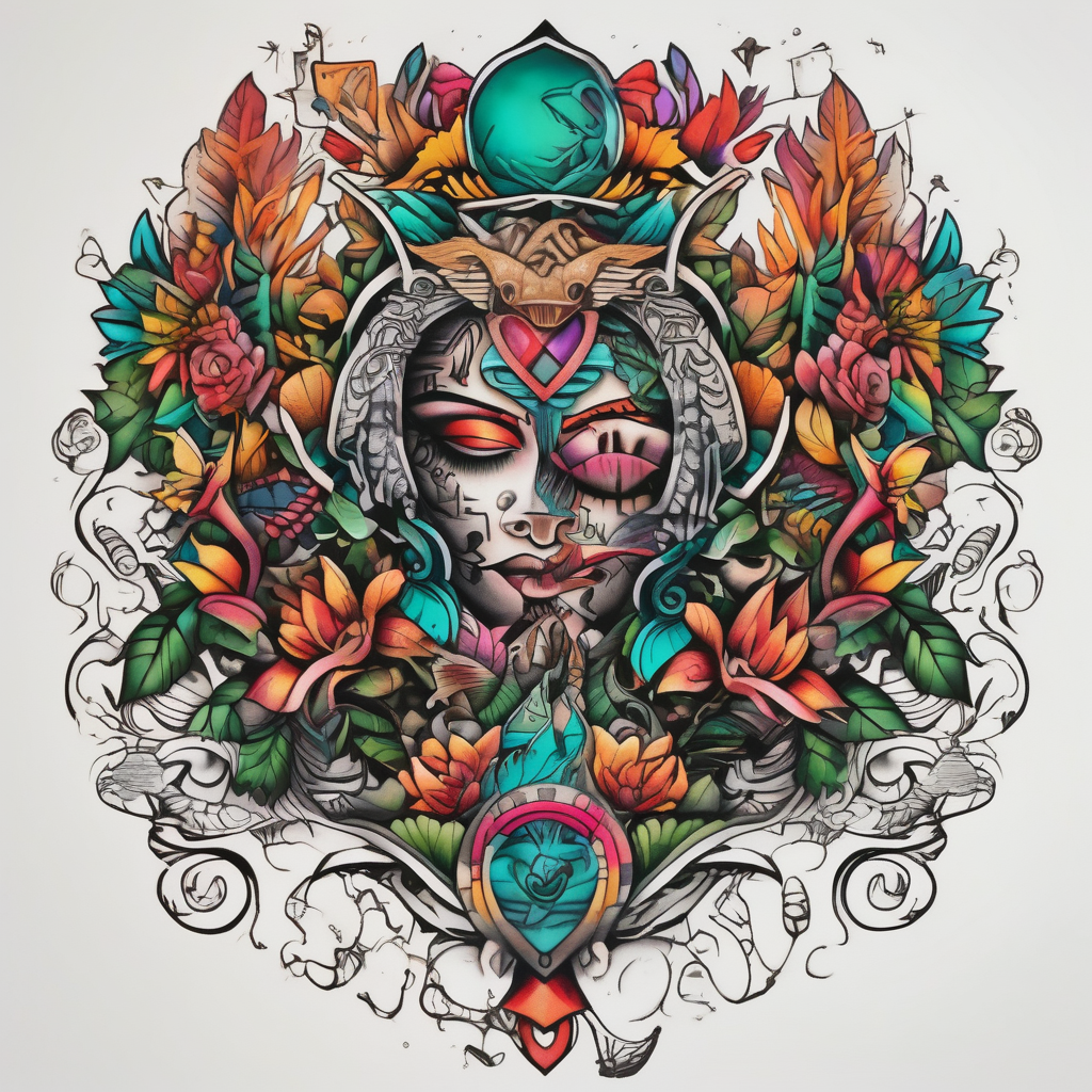 Chicano inspired Tattoo that incorporates love for family and importance of building wealth. Include elements of the Pacific Northwest Forrest, diseño de tatuaje Surrealista generado con IA