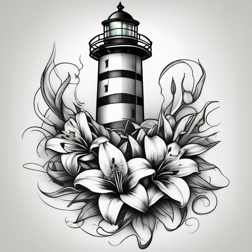 A light house with a lily flower in the bottom and christian imagery would be nice and the flowers should be a bit subtle as it is for a man christian-for-men(AIが生成したリアリズムスタイルのタトゥーデザイン)