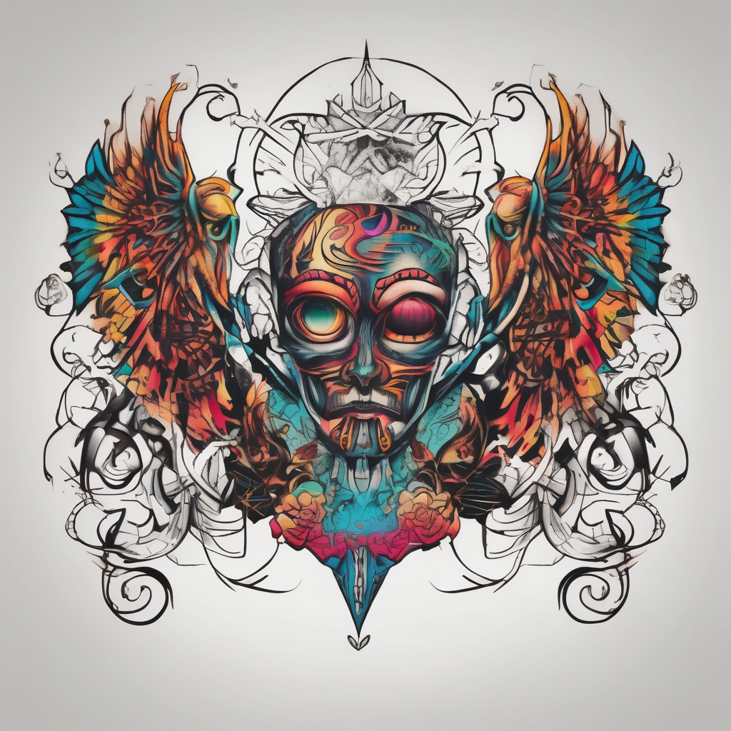 Men's chest tatto with two psychedelic entities facing each other, meaning that only their sides are visible. Very mininalistic and more abstract rather than realistic christian-for-men, AI-generated Old School tattoo design