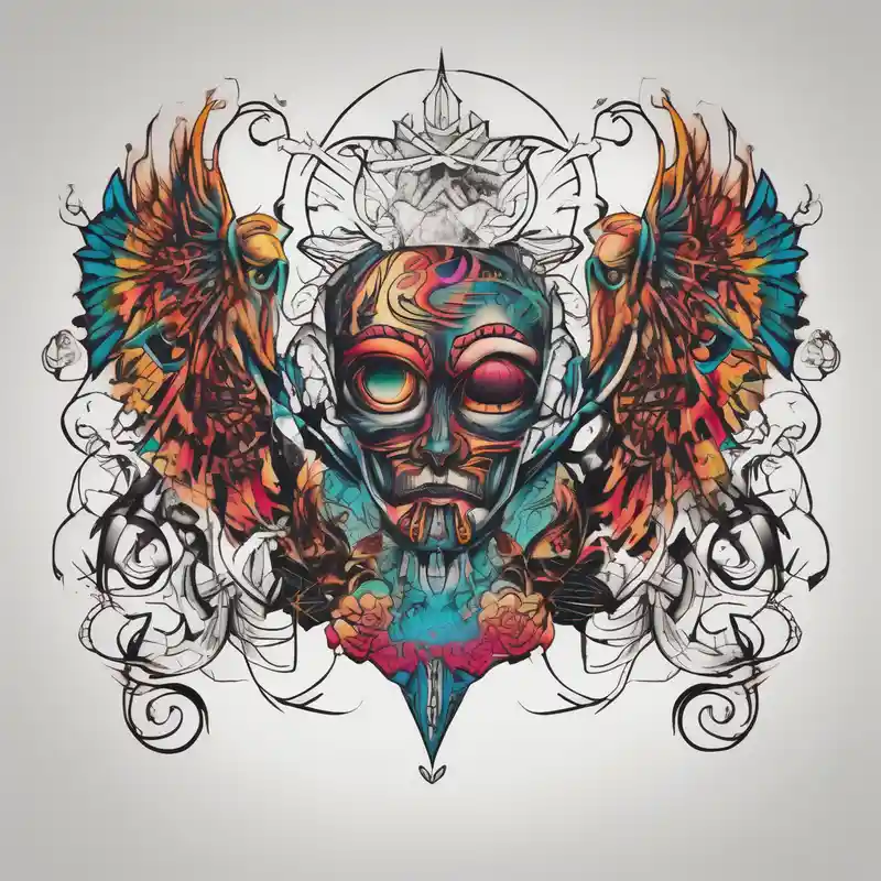 Men's chest tatto with two psychedelic entities facing each other, meaning that only their sides are visible. Very – Old School, Vibrant color