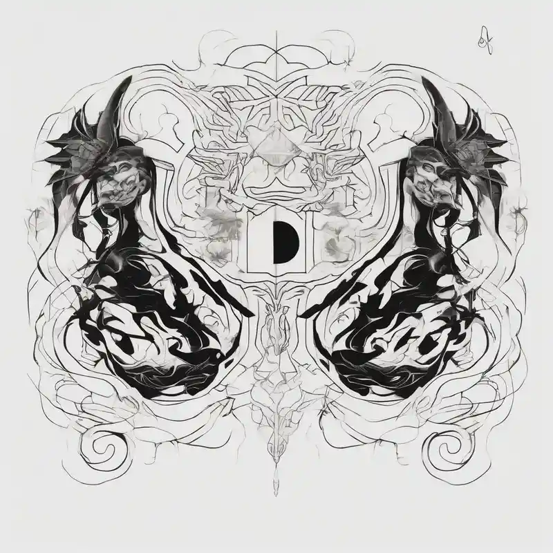 Men's chest tatto with two psychedelic entities facing each other, meaning that only their sides are visible. Very