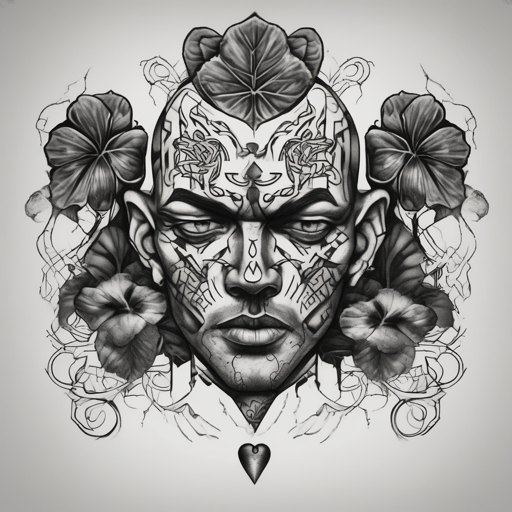 mens chest tattoo with 4 leaf clovers on the collar bone, stripes on the shoulders and two faces on in the middle with shading christian-for-men(AIが生成したブラックワークスタイルのタトゥーデザイン)