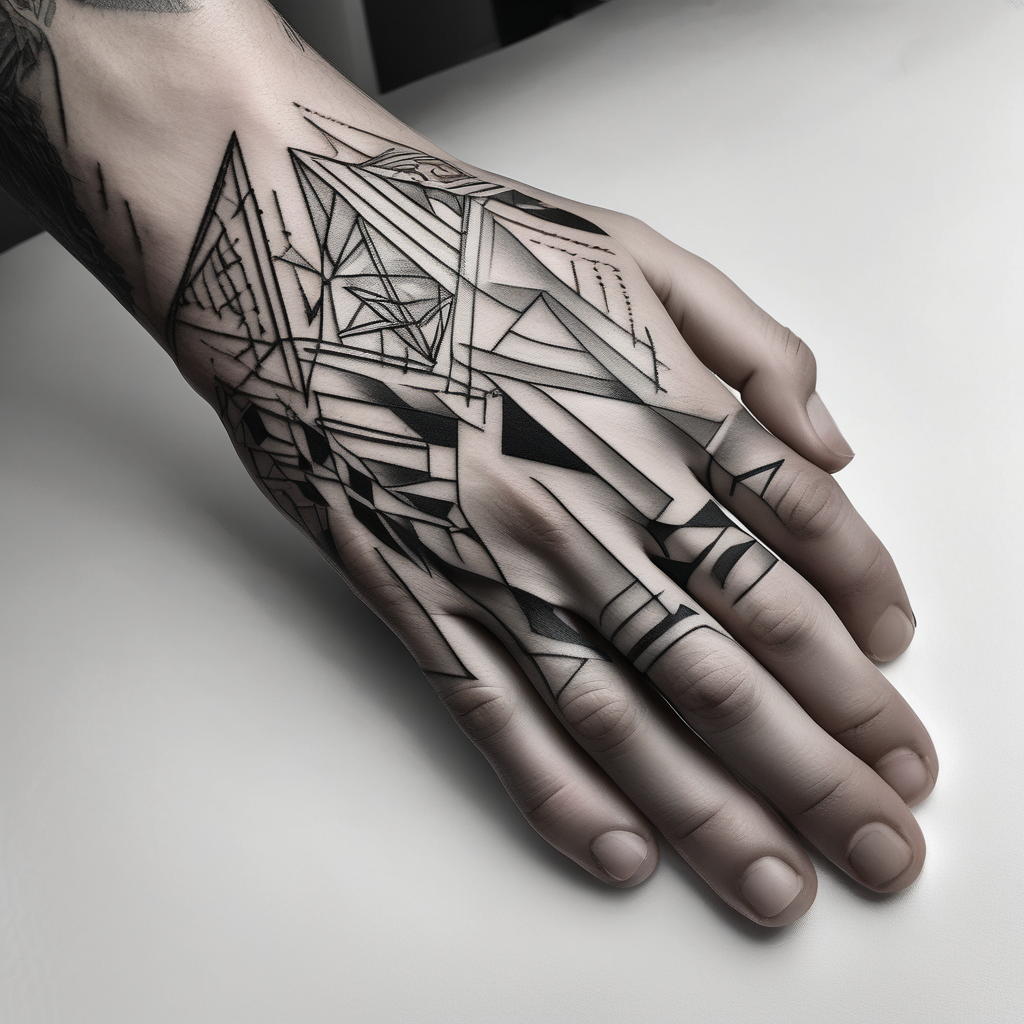 men's tattoo on hand with geometric patterns minimalist christian-for-men(AIが生成した白黒スタイルのタトゥーデザイン)