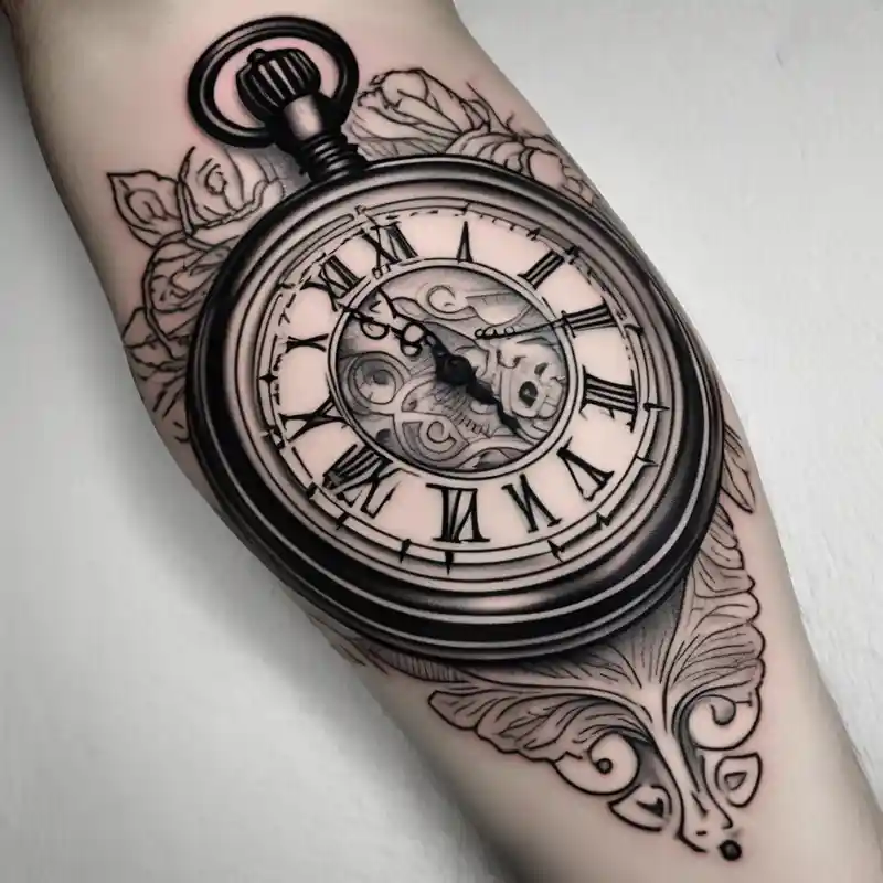 pocket watch tattoo drawing for men – Realistic, Black and white