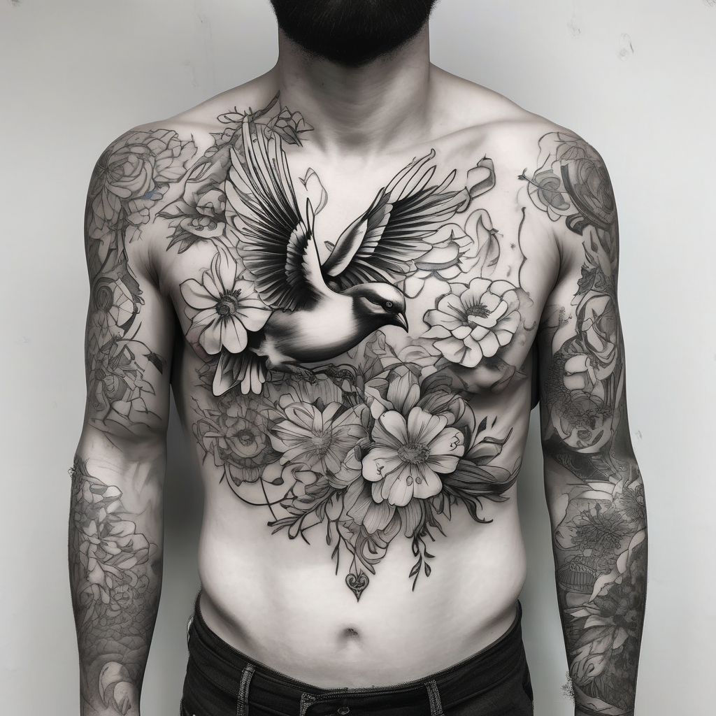 mens neck sleeve sparrow, om symbol, cosmos, iris, daisy, add sun rays and clouds christian-for-men, diseño de tatuaje Realista generado con IA
