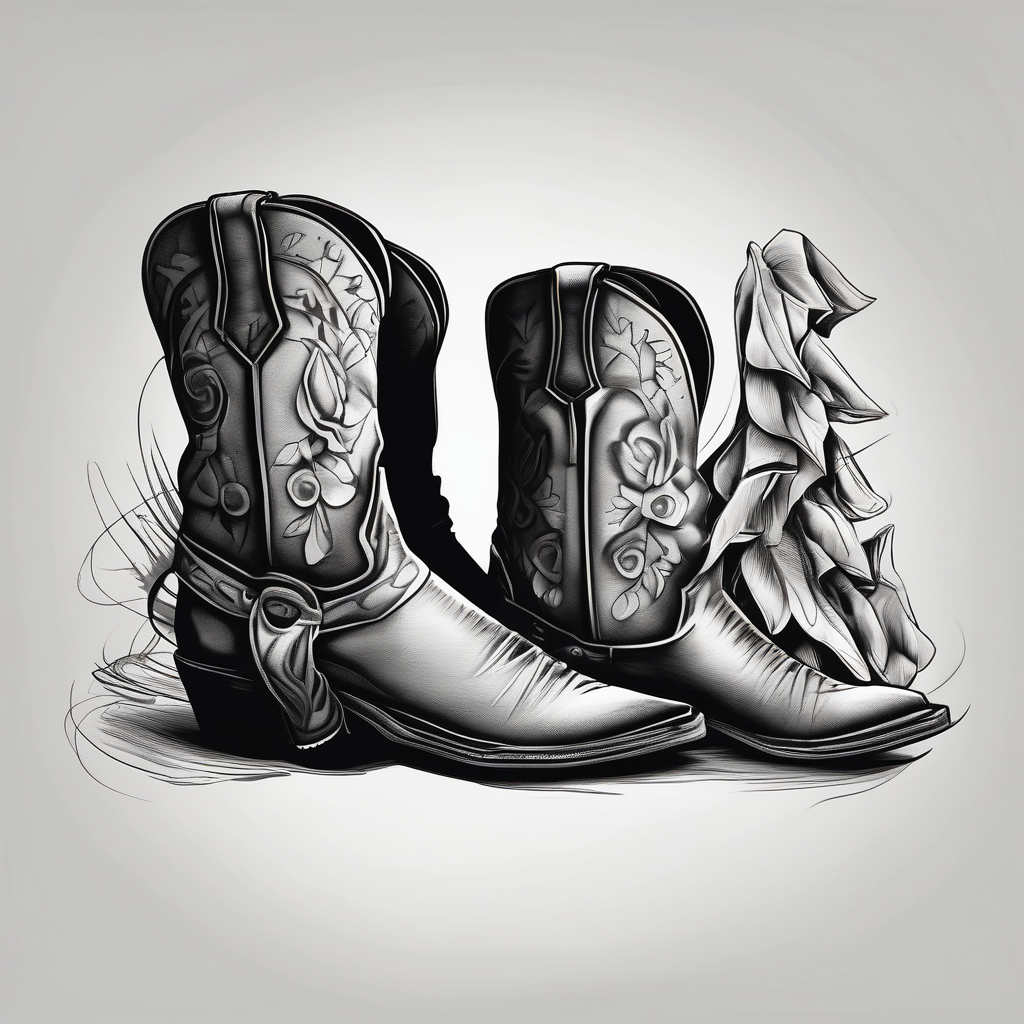 A pair of mens boots, a pair of womens sandals and a cowboyhat on the Beach. Keep it simple christian-for-men(AIが生成した白黒スタイルのタトゥーデザイン)
