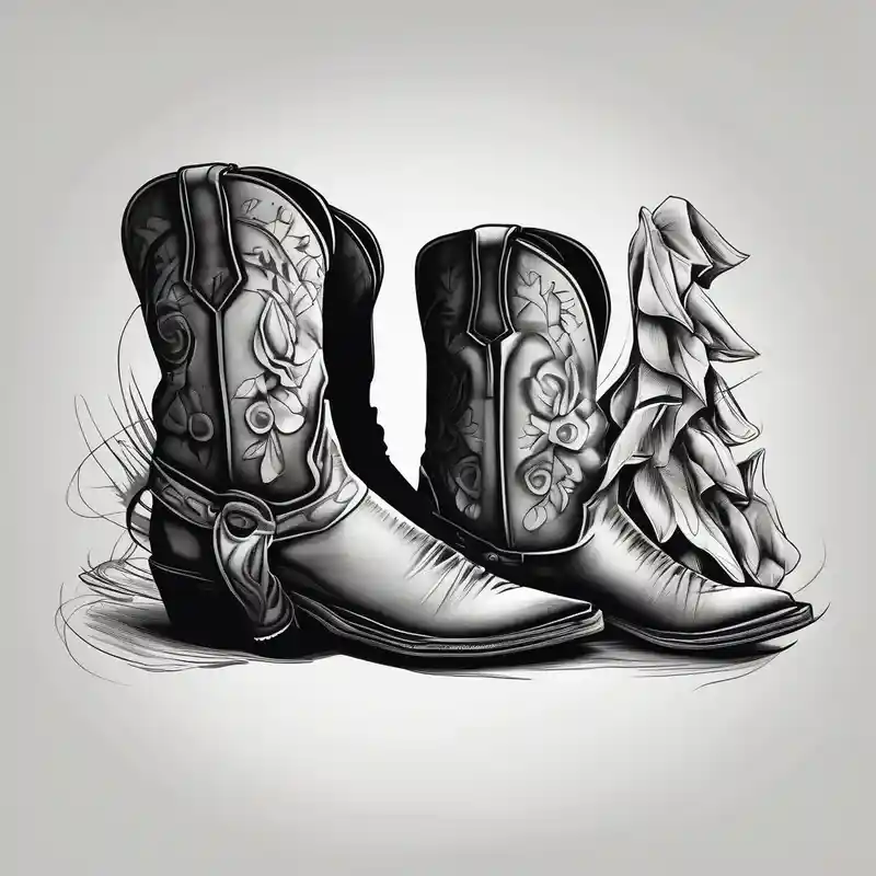 black and white style Mens Tattoo Ideas in 2025 & free generation about A pair of mens boots and a pair of womens sandals and a cowboyhat on the Beach. Keep it simple christian-for-men