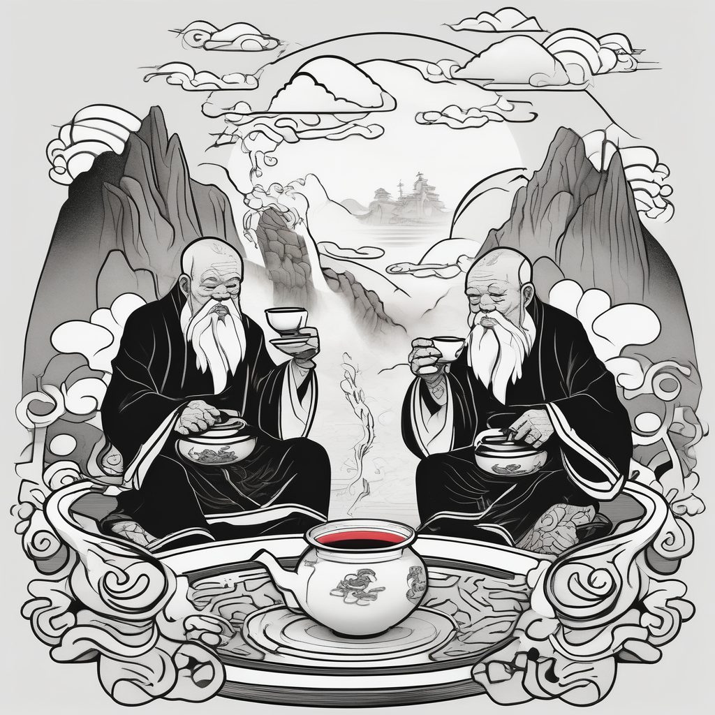 forearm sleeve traditional chinese art painting style Chinese temple two old men wearing robes and drinking tea mountains mist fog waterfall christian-for-men(AIが生成したカートゥーンスタイルのタトゥーデザイン)