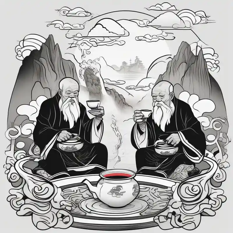 forearm sleeve traditional chinese art painting style Chinese temple two old men wearing robes and drinking tea mountains – カートゥーン, 白黒