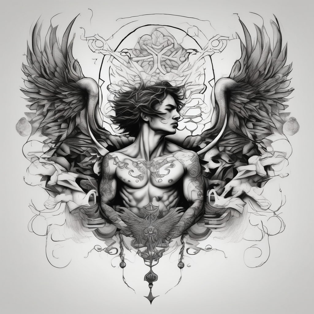 I like tattoos of the falling angel, moreover tattoos related to asiatic culture and Greek mixology. The tattoo is for a men and will be place it in the chest christian-for-men, AI-generated Surreal tattoo design