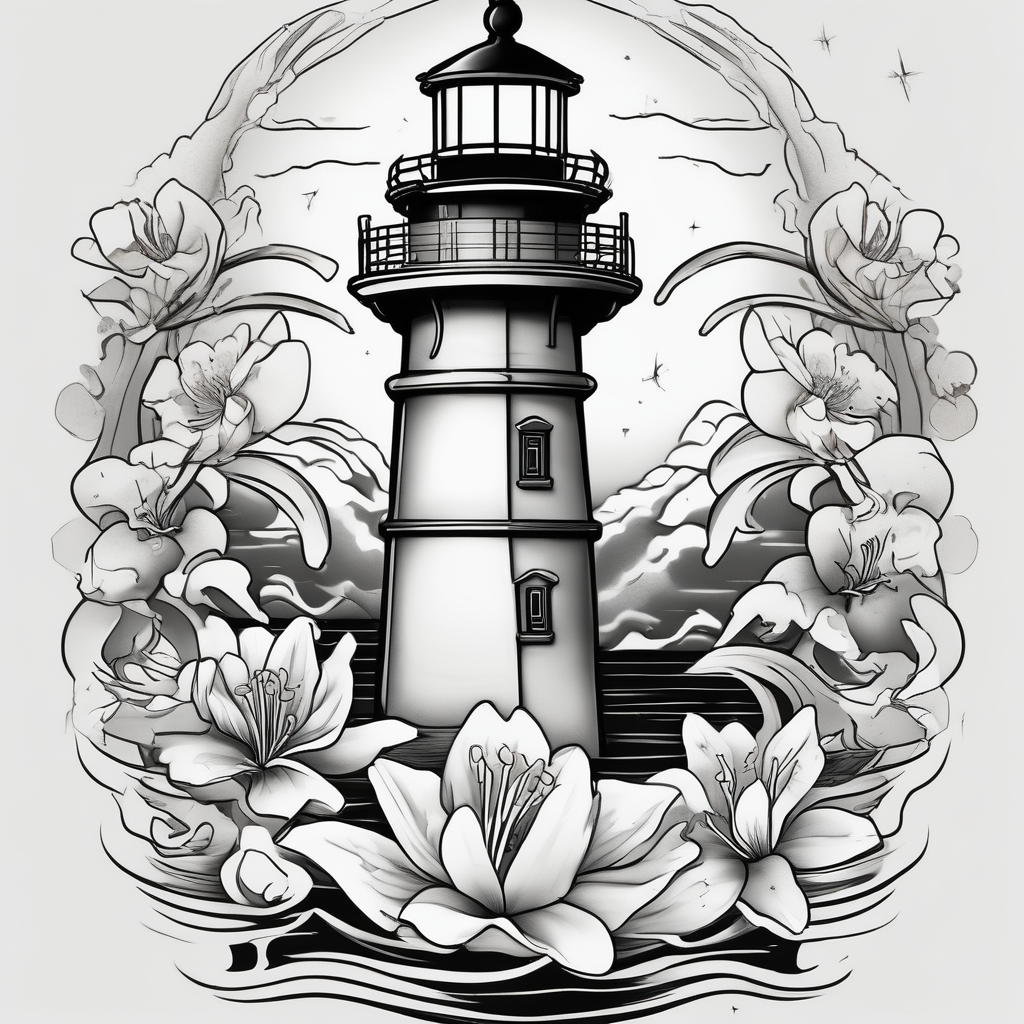 A light house with a lily flower in the bottom and christian imagery would be nice and the flowers should be a bit subtle as it is for a man christian-for-men(AIが生成した和彫りスタイルのタトゥーデザイン)