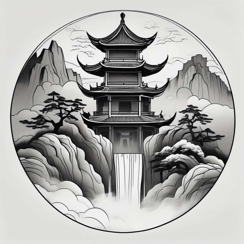 forearm sleeve traditional chinese art painting style Chinese temple two old men wearing robes and drinking tea mountains mist fog waterfall christian-for-men(AIが生成したミニマルスタイルのタトゥーデザイン)