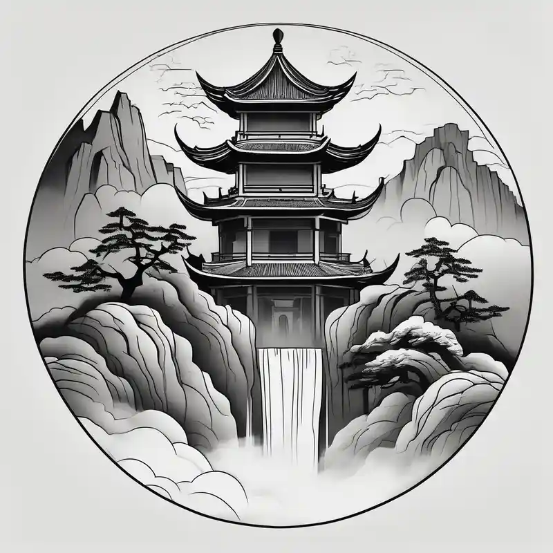 forearm sleeve traditional chinese art painting style Chinese temple two old men wearing robes and drinking tea mountains