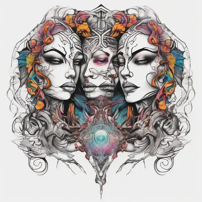 Men's chest tatto with two female psychedelic entities facing each other, meaning that only their sides are visible. They are – Watercolor, Vibrant color