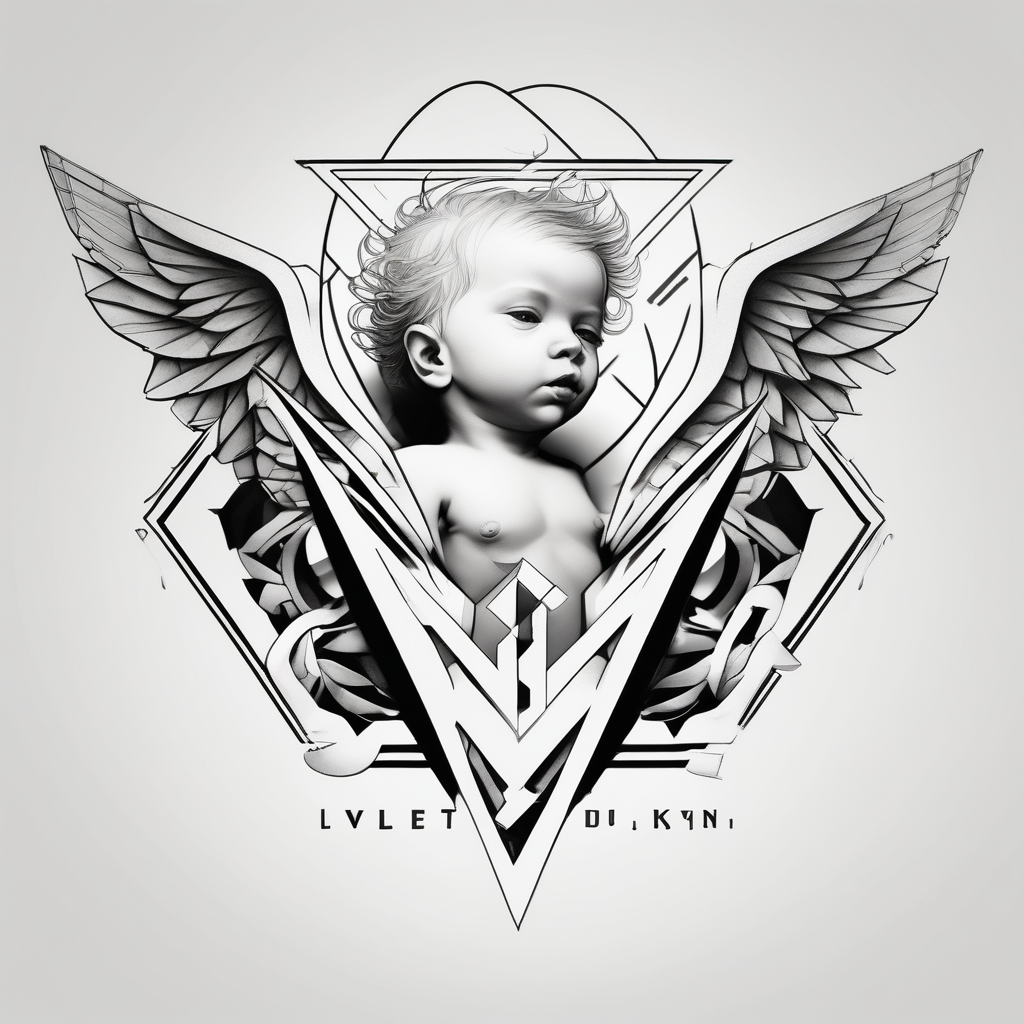 A baby angel with the letters Lev Livet Mens du kan christian-for-men(AIが生成したジオメトリックスタイルのタトゥーデザイン)
