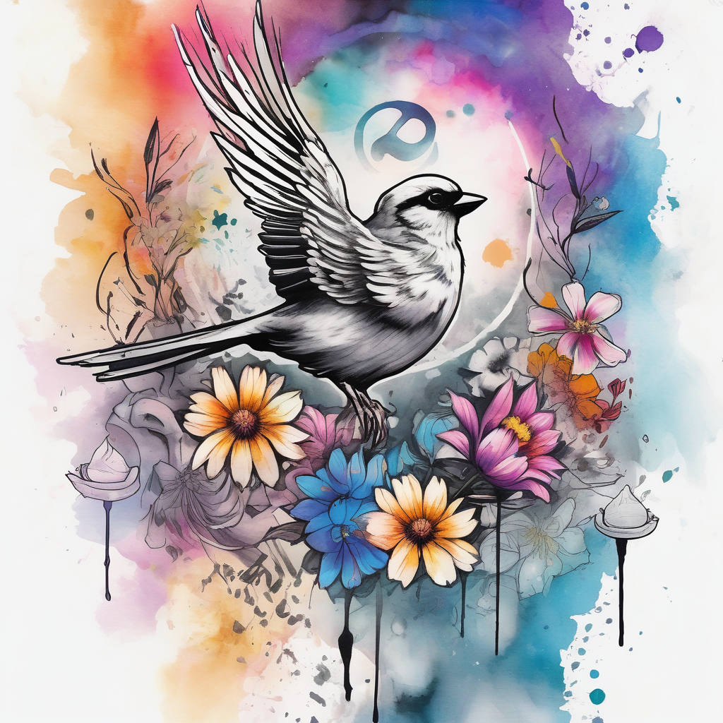 mens neck sleeve sparrow, om symbol, cosmos, iris, daisy, add sun rays and clouds christian-for-men, diseño de tatuaje Acuarela generado con IA