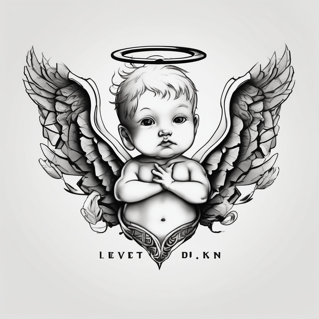 A baby angel with the letters Lev Livet Mens du kan christian-for-men(AIが生成したスケッチスタイルのタトゥーデザイン)