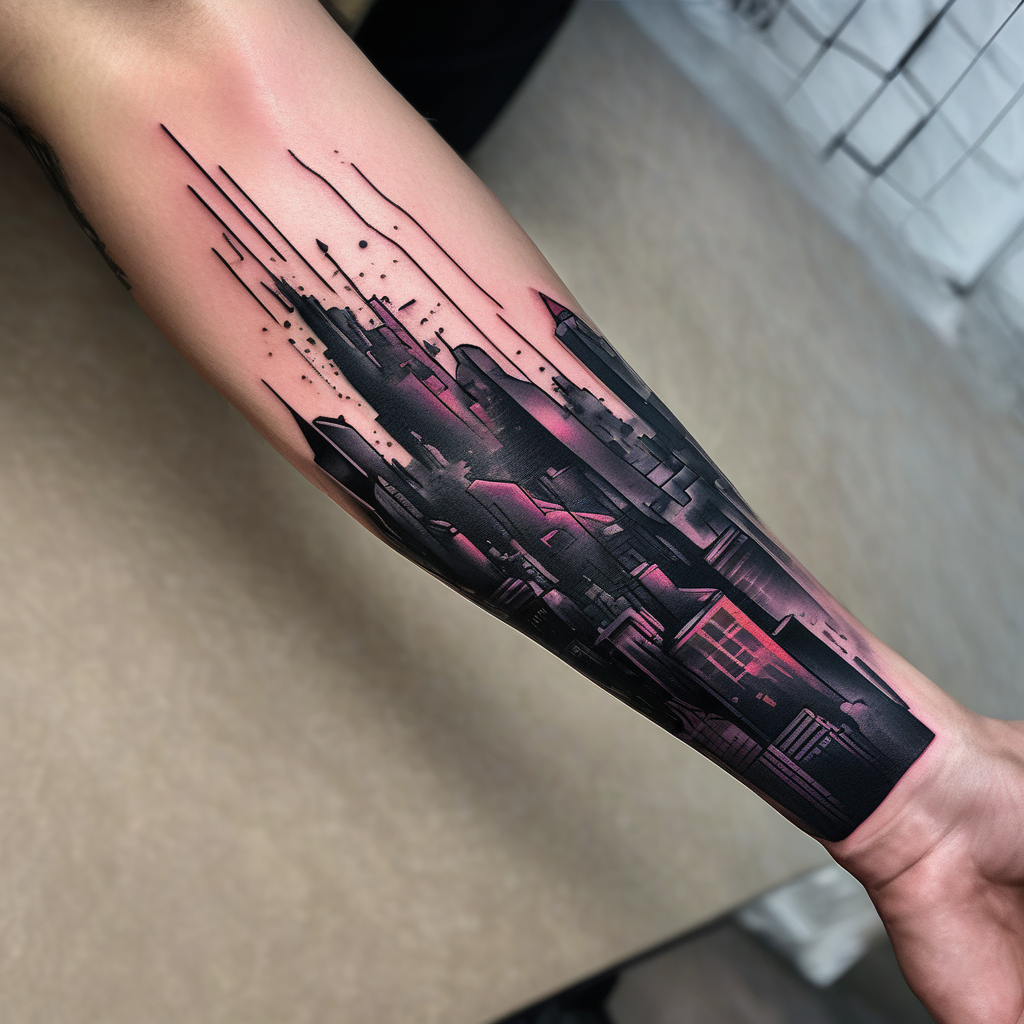 cyberpunk 2077, forearm tattoo, geometric, subtle, men, city skyline, bright colour, christian-for-men, diseño de tatuaje Blanco y negro generado con IA