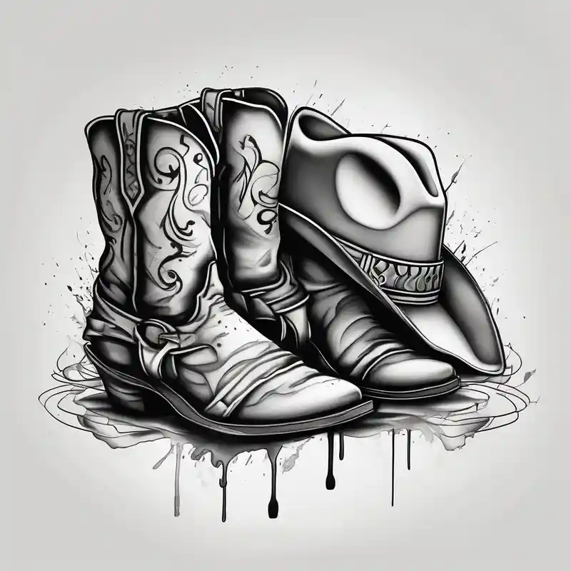 watercolor style Mens Tattoo Ideas in 2025 & free generation about A pair of mens boots and a pair of womens sandals and a cowboyhat on the Beach. Keep it simple christian-for-men