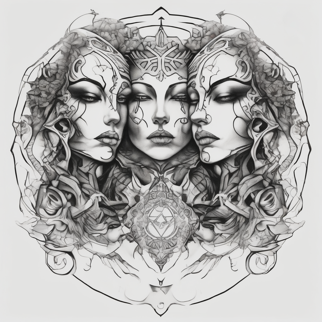 Men's chest tatto with two female psychedelic entities facing each other, meaning that only their sides are visible. They are holding something which is positioned in the middle of the chest christian-for-men, AI-generated Sketch tattoo design