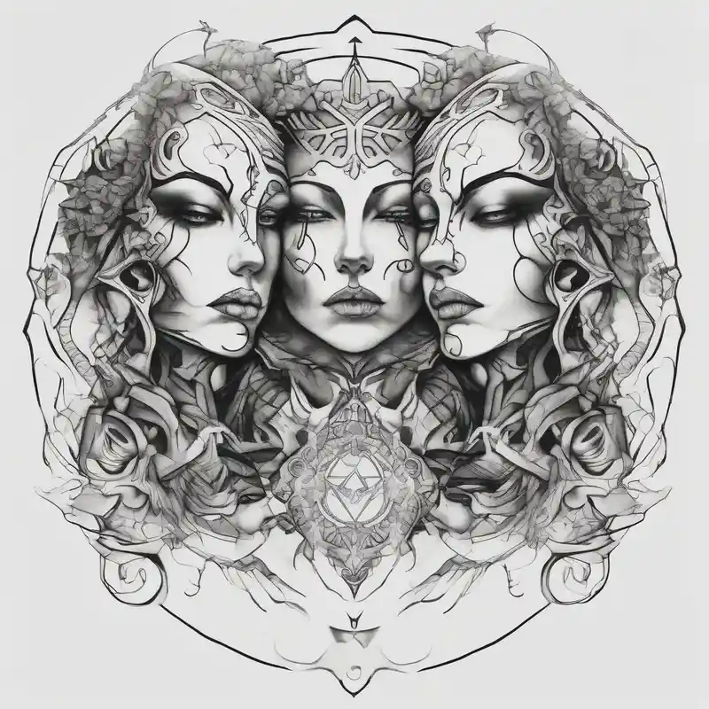 Men's chest tatto with two female psychedelic entities facing each other, meaning that only their sides are visible. They are