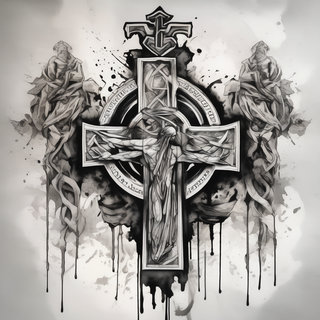 four stoic virtues and christian cross christian-for-men(AIが生成した水彩スタイルのタトゥーデザイン)