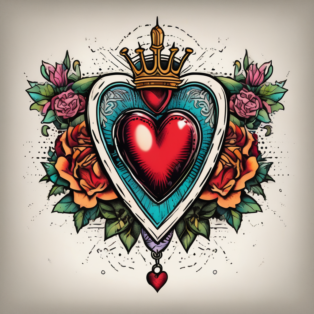sacred heart vintage traditional tattoo simple sketch old school bold colors with banner christian sympbol flowers christian-for-men(AIが生成したドットワークスタイルのタトゥーデザイン)