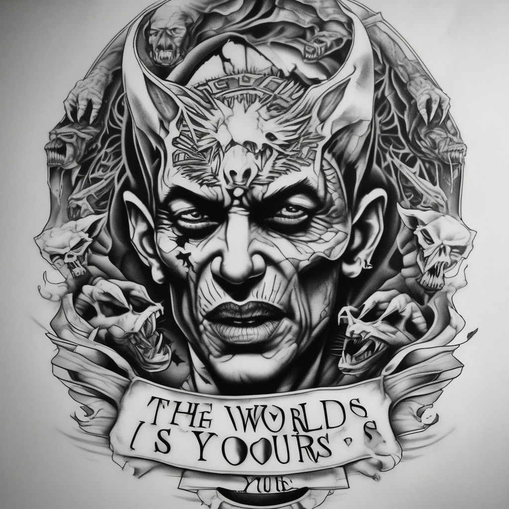 scarface sleeve tattoo for men The world is yours and demons around it christian-for-men, diseño de tatuaje Realista generado con IA