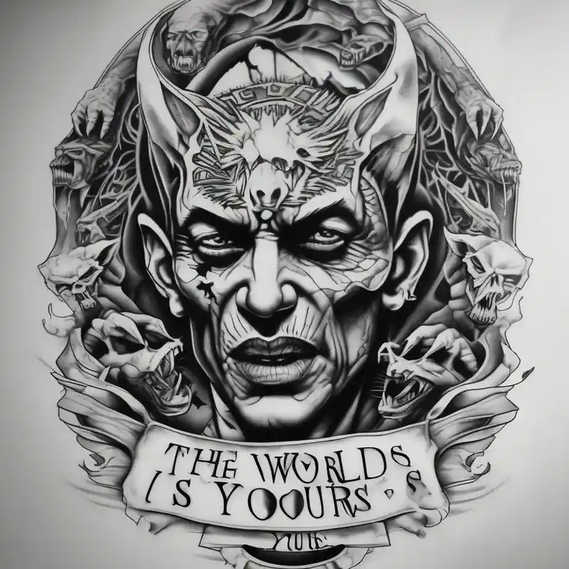 scarface sleeve tattoo for men The world is yours and demons around it