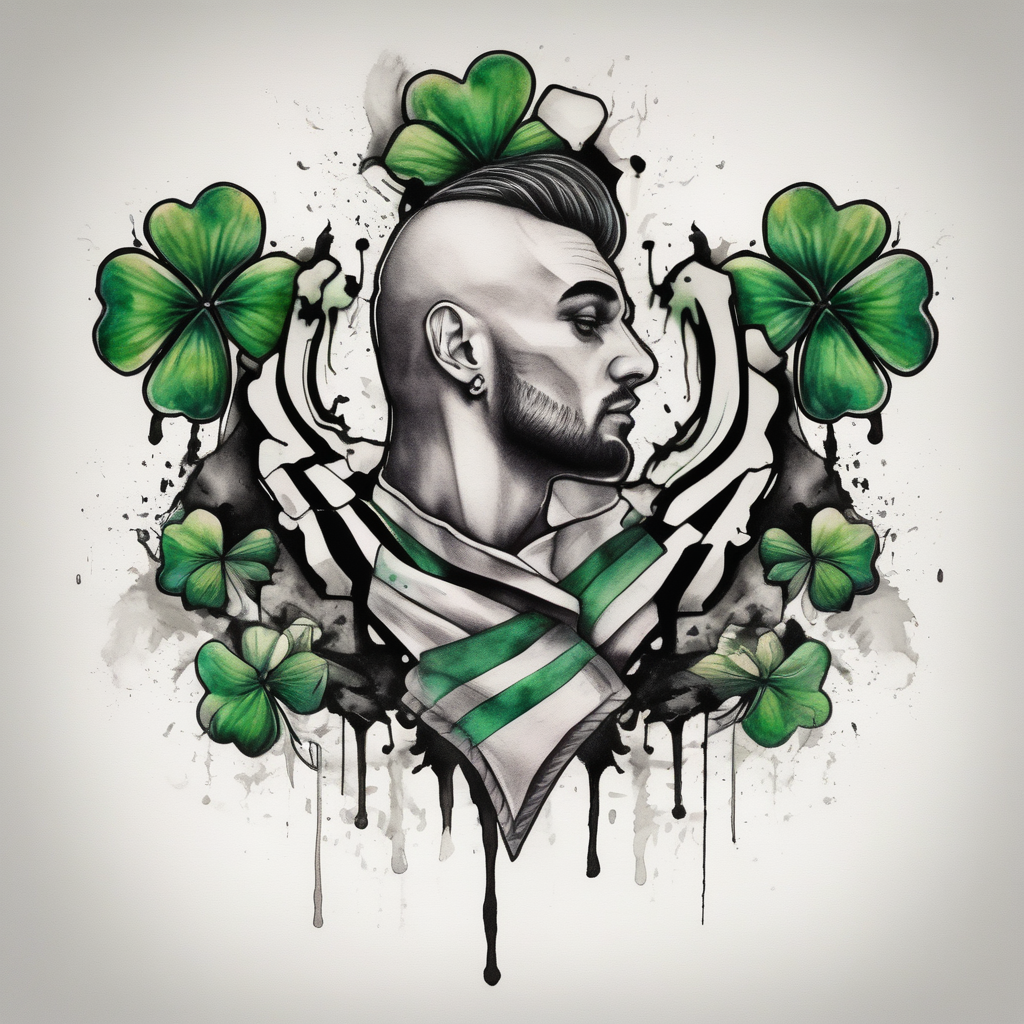 mens chest tattoo with 4 leaf clovers on the collar bone, stripes on the shoulders and two faces on in the middle with shading christian-for-men(AIが生成した水彩スタイルのタトゥーデザイン)