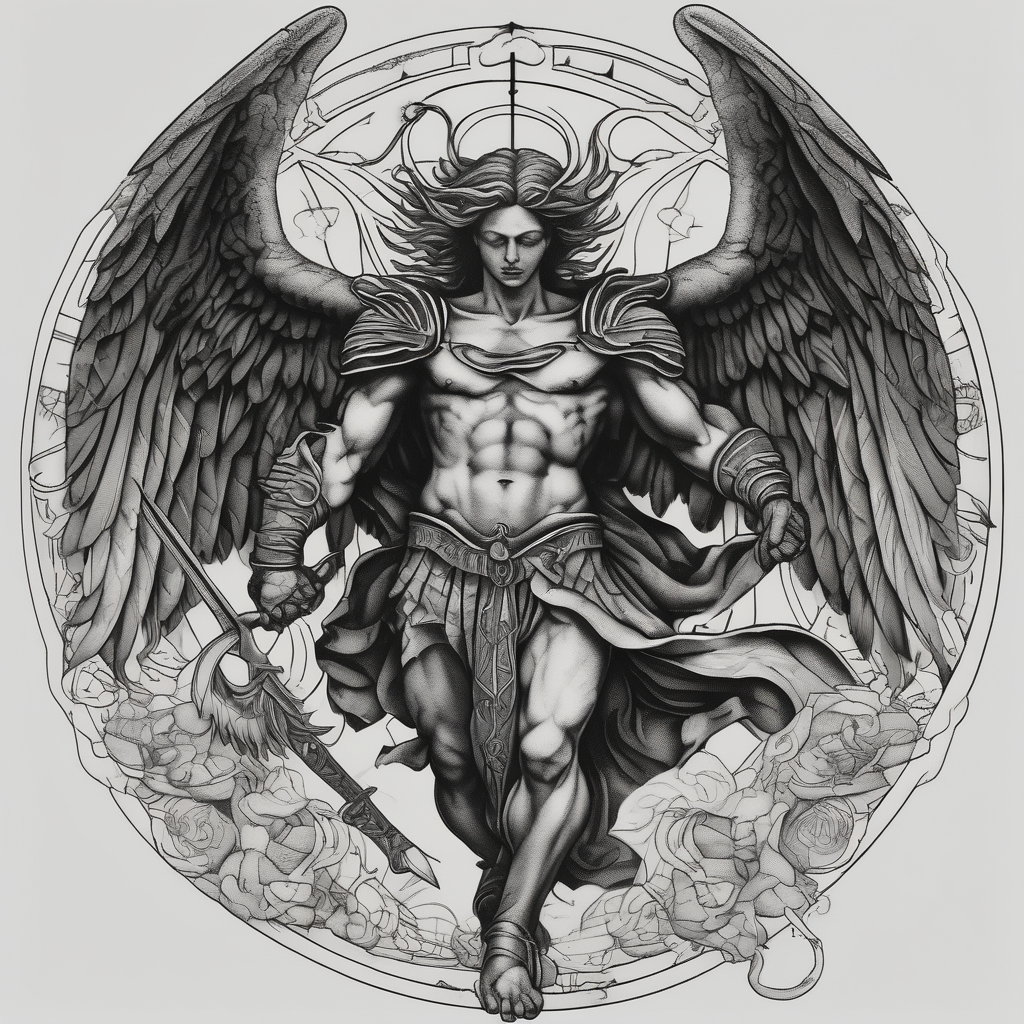 christian religion incorporating aint michael slaying Lucifer christian-for-men, AI-generated Blackwork tattoo design