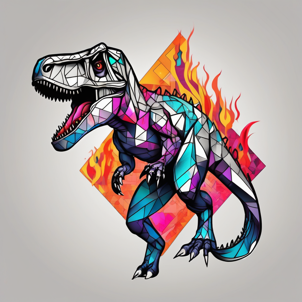 Chrome T-Rex holding a fire sword, diseño de tatuaje Geométrico generado con IA