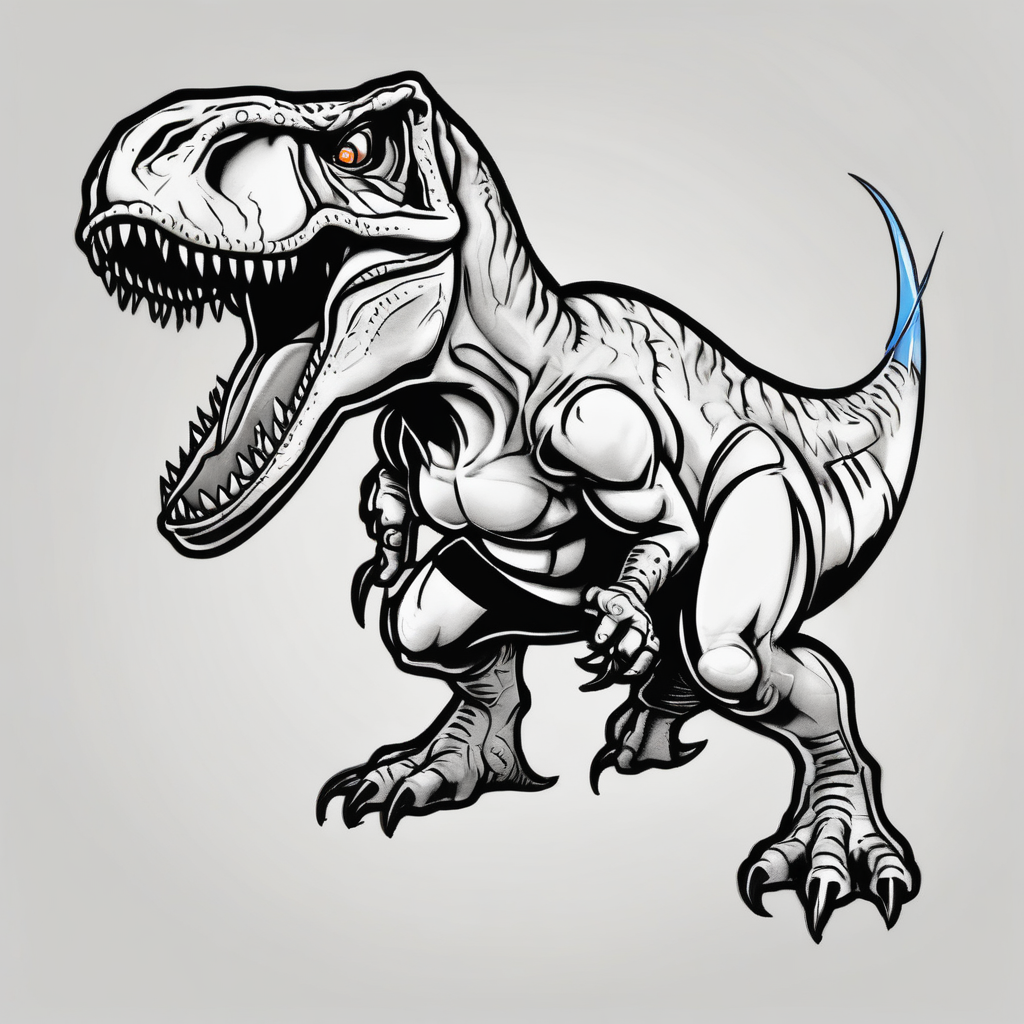 Chrome T-Rex with a blue tongue, holding a fire sword(AIが生成したカートゥーンスタイルのタトゥーデザイン)