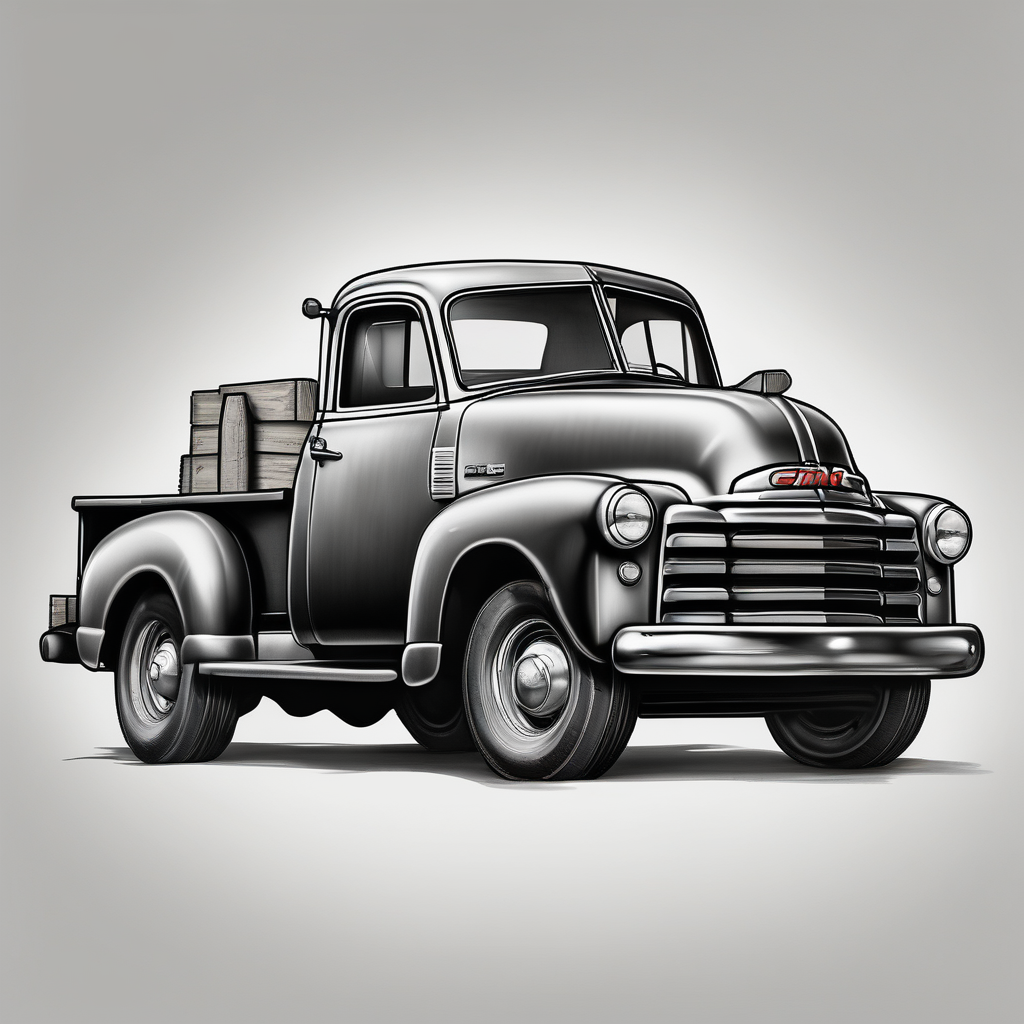 rustic 1953 fifth window GMC farm truck with chrome wheels with a red barn in background, diseño de tatuaje Realista generado con IA